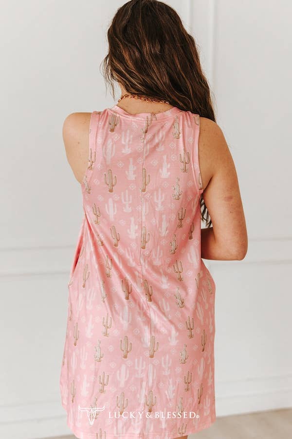 Lucky & Blessed Pink Cactus Printed Sleeveless Side Pocket Dress - DR769-CAC-S