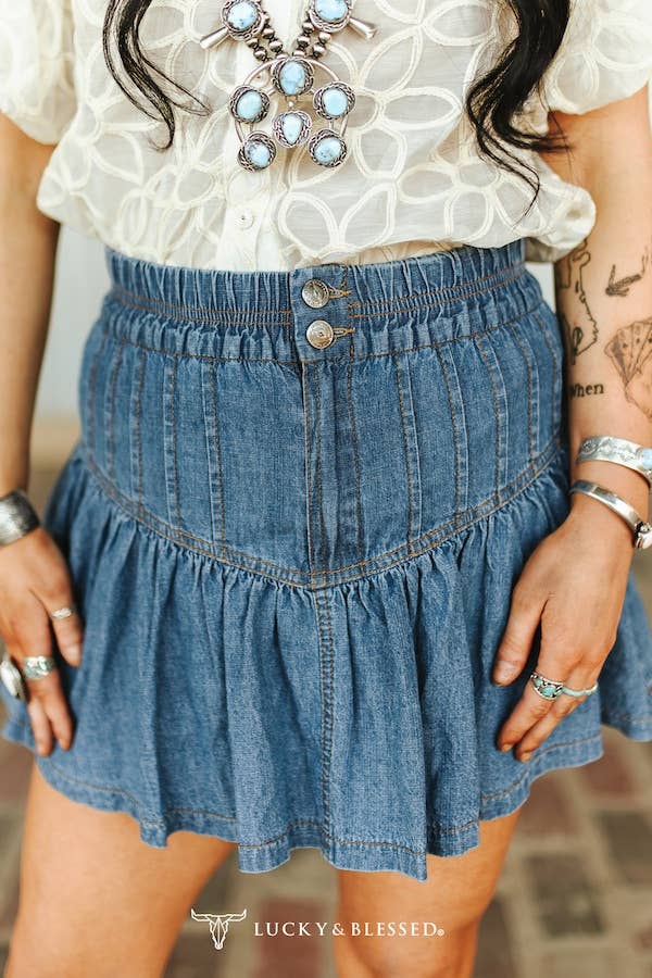 Lucky & Blessed Mid Wash Elastic Front Tie w/ Short Lining Skirt - DSK513-MW-S