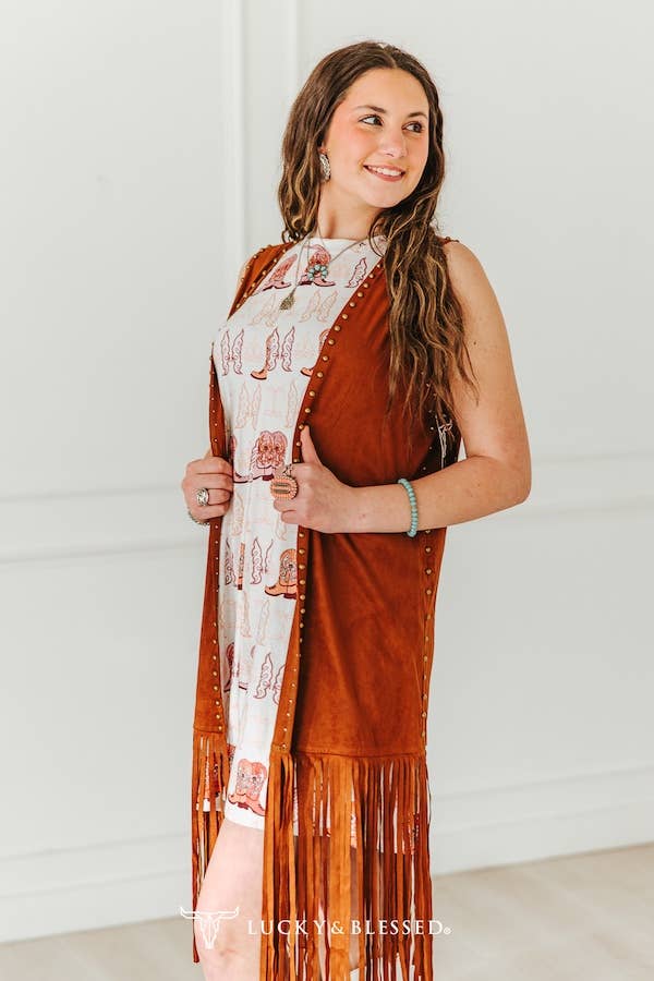 Lucky & Blessed Brown Stretch Suede Gold Vintage Studded Fringe Hem Vest - JO490-BRW-S
