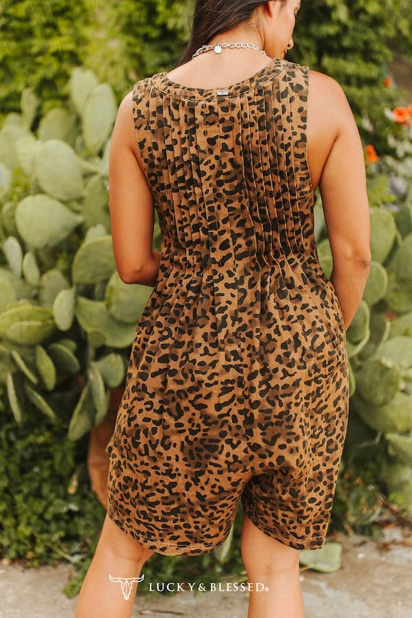 Lucky & Blessed Leopard Printed V Neck Front Tie Denim Romper - JP216-LEO-S