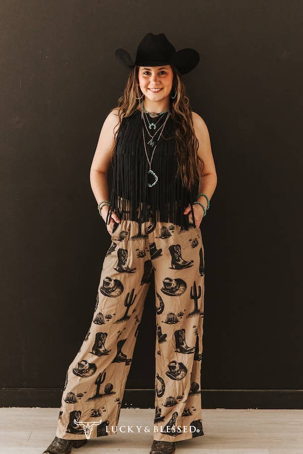 Lucky & Blessed Khaki Vintage Western Printed Wide Leg Pants - Khaki - PA284-BTS-S
