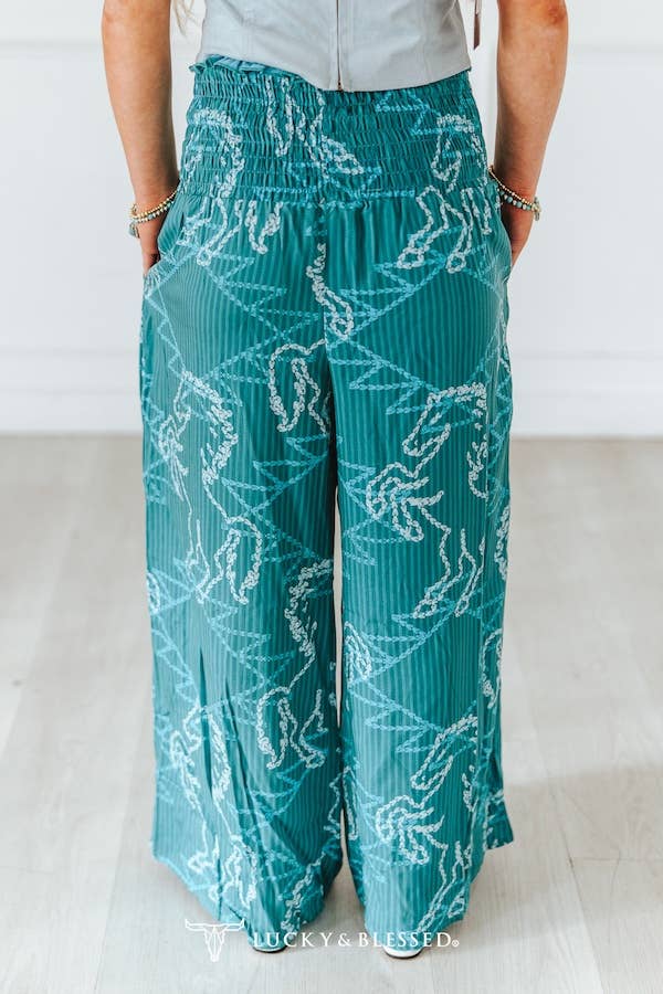 Lucky & Blessed Teal Horse Printed High Rise Pants - PA285-HRS-S