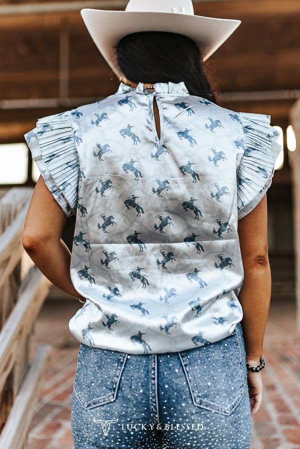 Lucky & Blessed Plus Horse Blue Printed Satin Pleated Ruffle Sleeveless Top - TO1230-HRSBLU-X-XL