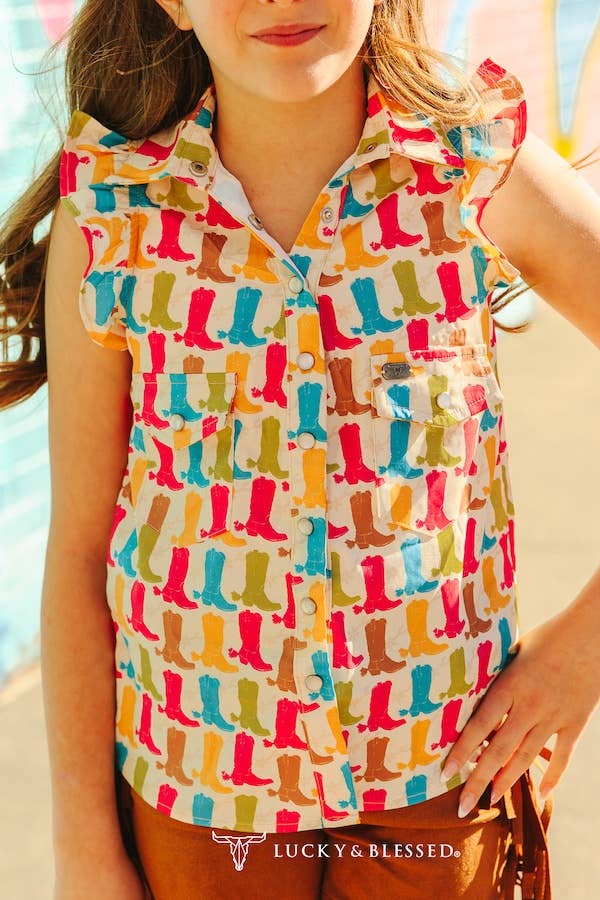 Lucky & Blessed Girls Contrast Boots Button Down Ruffle Shoulder Sleeve Top - TO1243-G-BTS-XS