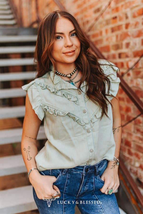 Lucky & Blessed Plus Size Mint Concho Button Down Ruffle Vintage Shirt - Sage Green - TO1257-MINT-X-XL