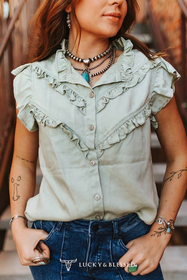 Lucky & Blessed Plus Size Mint Concho Button Down Ruffle Vintage Shirt - Sage Green - TO1257-MINT-X-XL