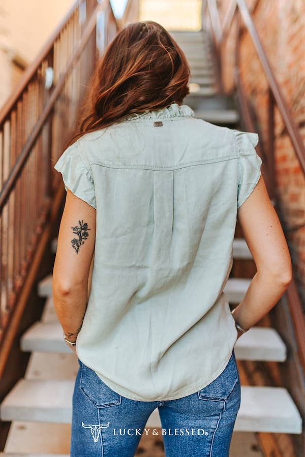 Lucky & Blessed Plus Size Mint Concho Button Down Ruffle Vintage Shirt - Sage Green - TO1257-MINT-X-XL