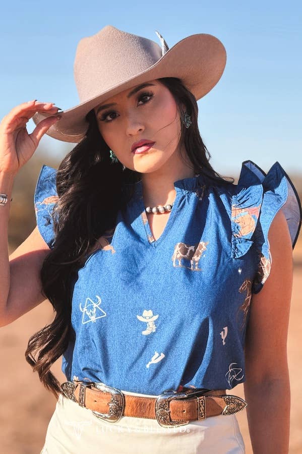 Lucky & Blessed Mid Wash Cowboy Printed Ruffle Western Sleeve Top - TO1339-WST-S
