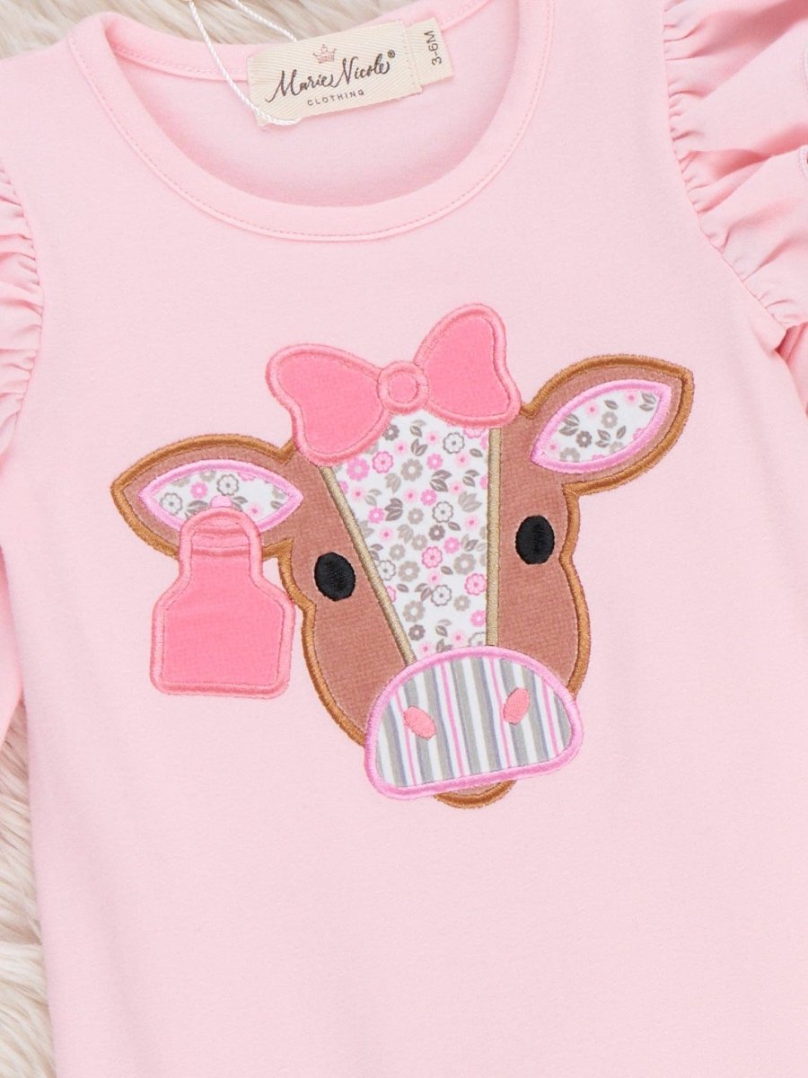 Marie Nicole Clothing Floral Cow Cutie Ruffle Romper - RPG61925-0-3MO