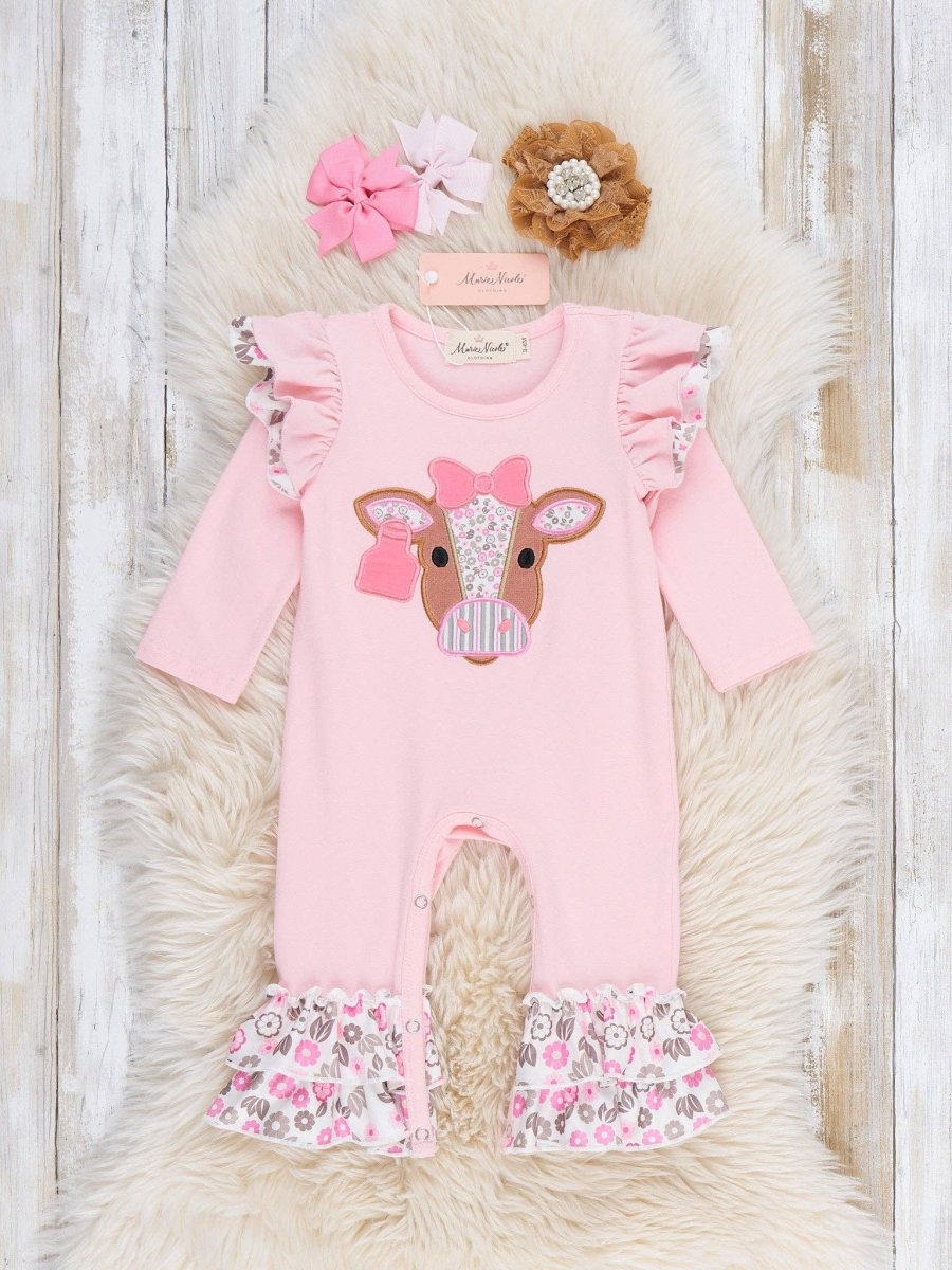 Marie Nicole Clothing Floral Cow Cutie Ruffle Romper - RPG61925-0-3MO