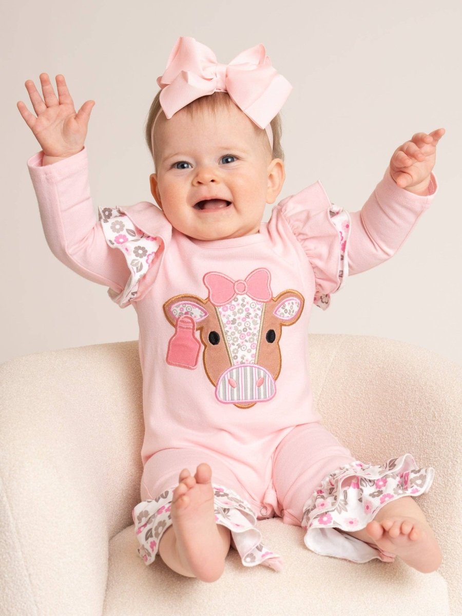 Marie Nicole Clothing Floral Cow Cutie Ruffle Romper - RPG61925-0-3MO