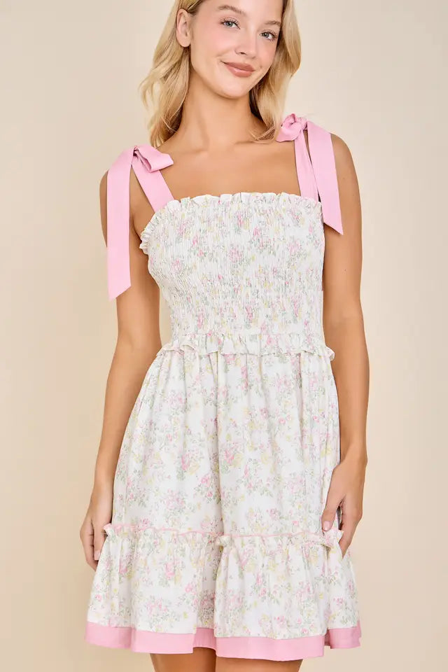 Main Strip Floral Ribbon Strap Sundress - Ruffle Hem Vintage Charm - Pink