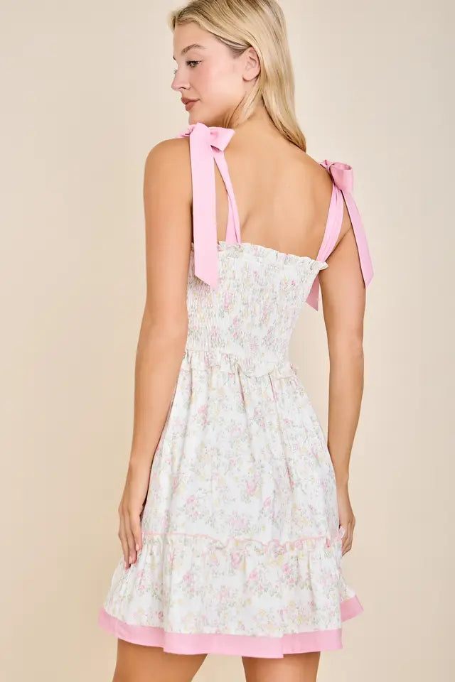 Main Strip Floral Ribbon Strap Sundress - Ruffle Hem Vintage Charm - Pink