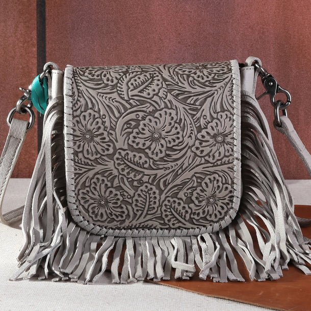 Montana West Genuine Leather Floral Fringe Crossbody - Tan - RLC-L159TN