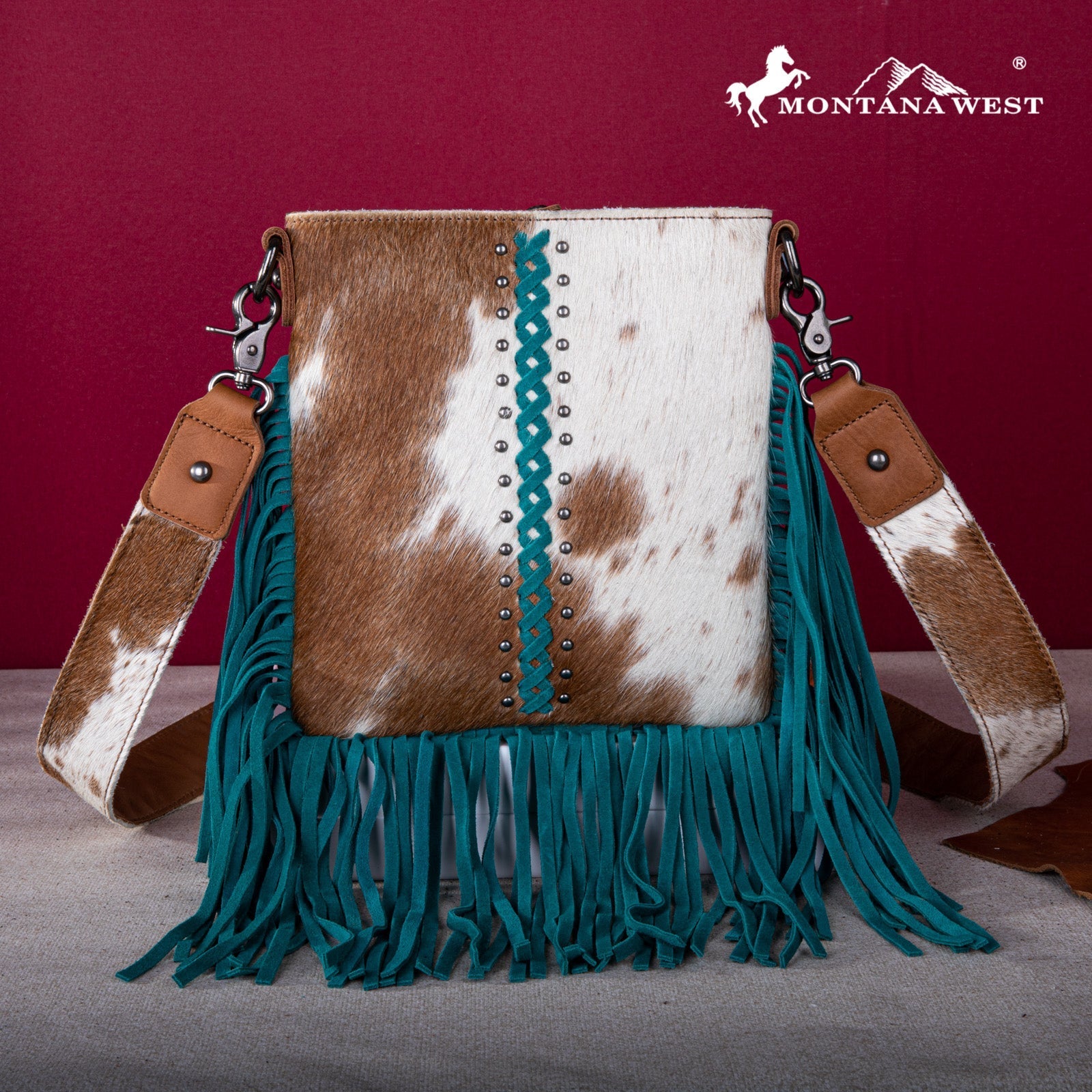 Montana West Genuine Leather Hair - On Fringe Crossbody with Detailed Leather Strap - Turquoise - RLC - L186TQ