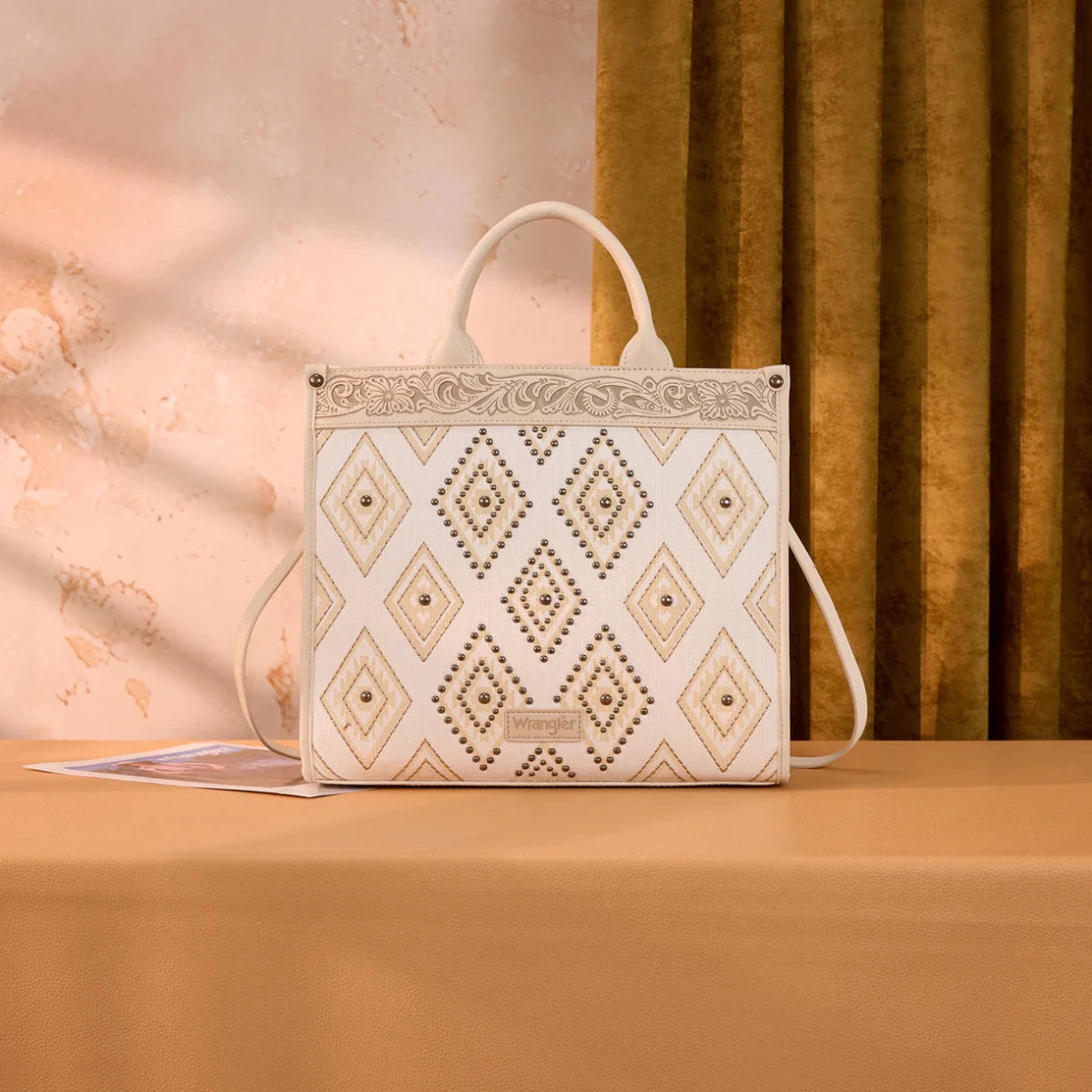 Wrangler Aztec Studded Denim Tote & Crossbody Bag - Beige - WG435-8119BG