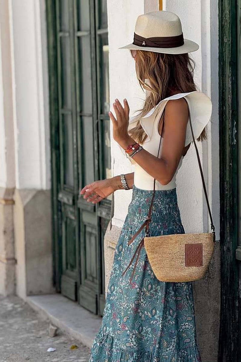 Ninexis Boho Floral Smocked Waist Maxi Skirt - Blue - CWBLS00883-BLUE-S