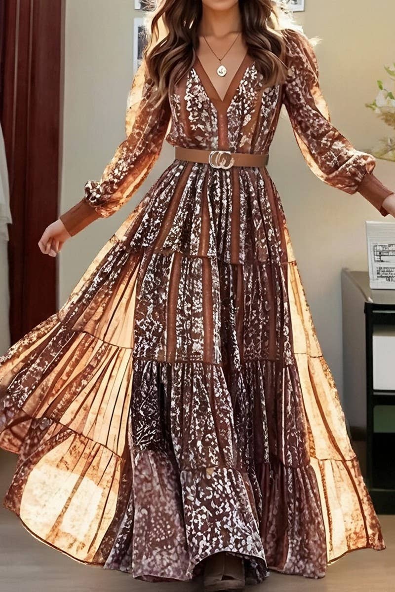 Ninexis V - Neck Bohemian Style Belted Long Dress - Coffee - CWDMD01492-COFFEE-S