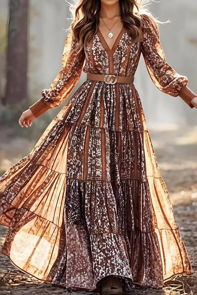 Ninexis V - Neck Bohemian Style Belted Long Dress - Coffee - CWDMD01492-COFFEE-S