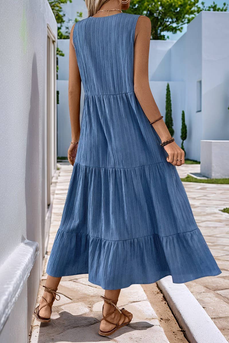 Ninexis Solid Color V - Neck Textured Sleeveless Dress - Blue - CWDMD4221-BLUE-S