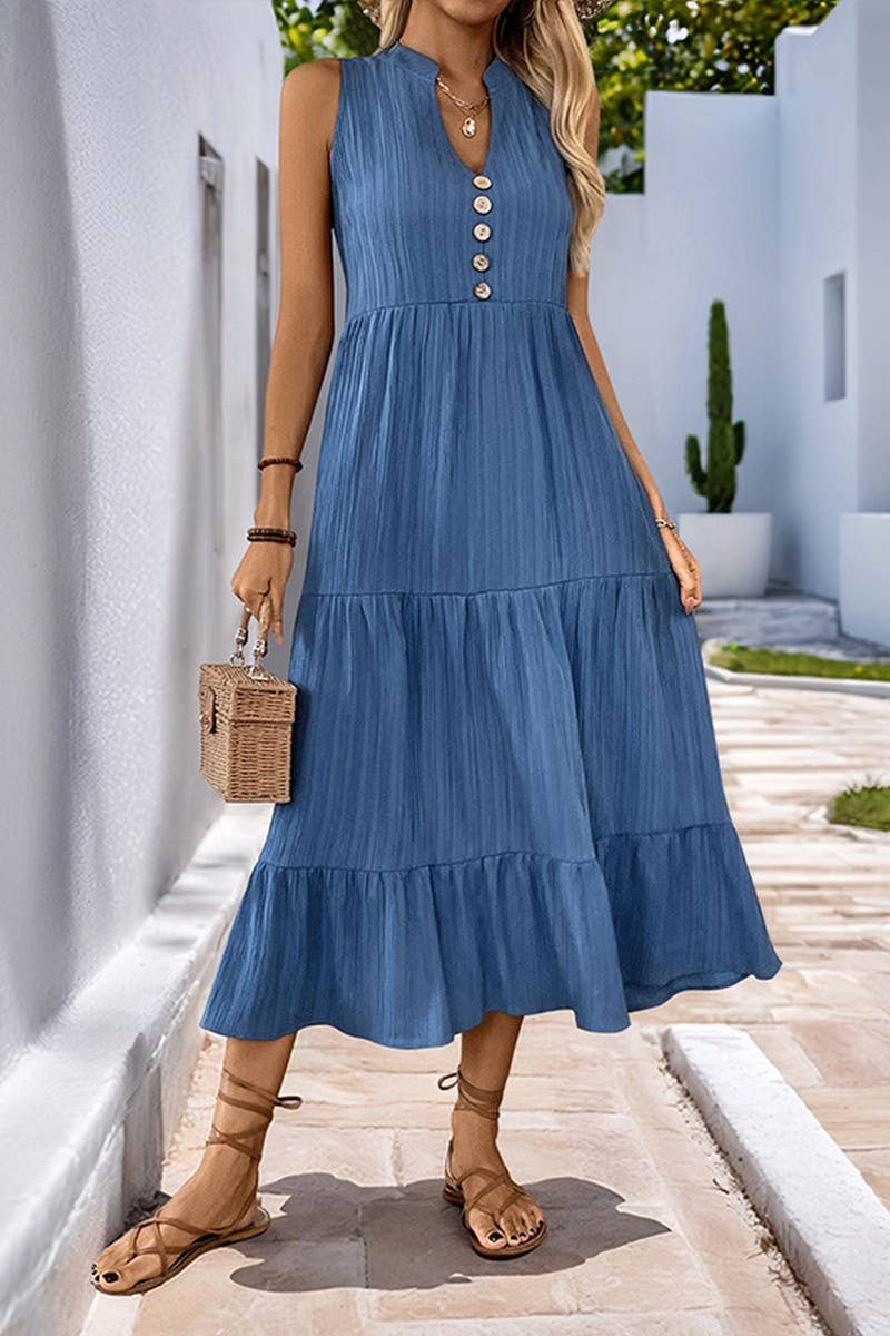 Ninexis Solid Color V - Neck Textured Sleeveless Dress - Blue - CWDMD4221-BLUE-S