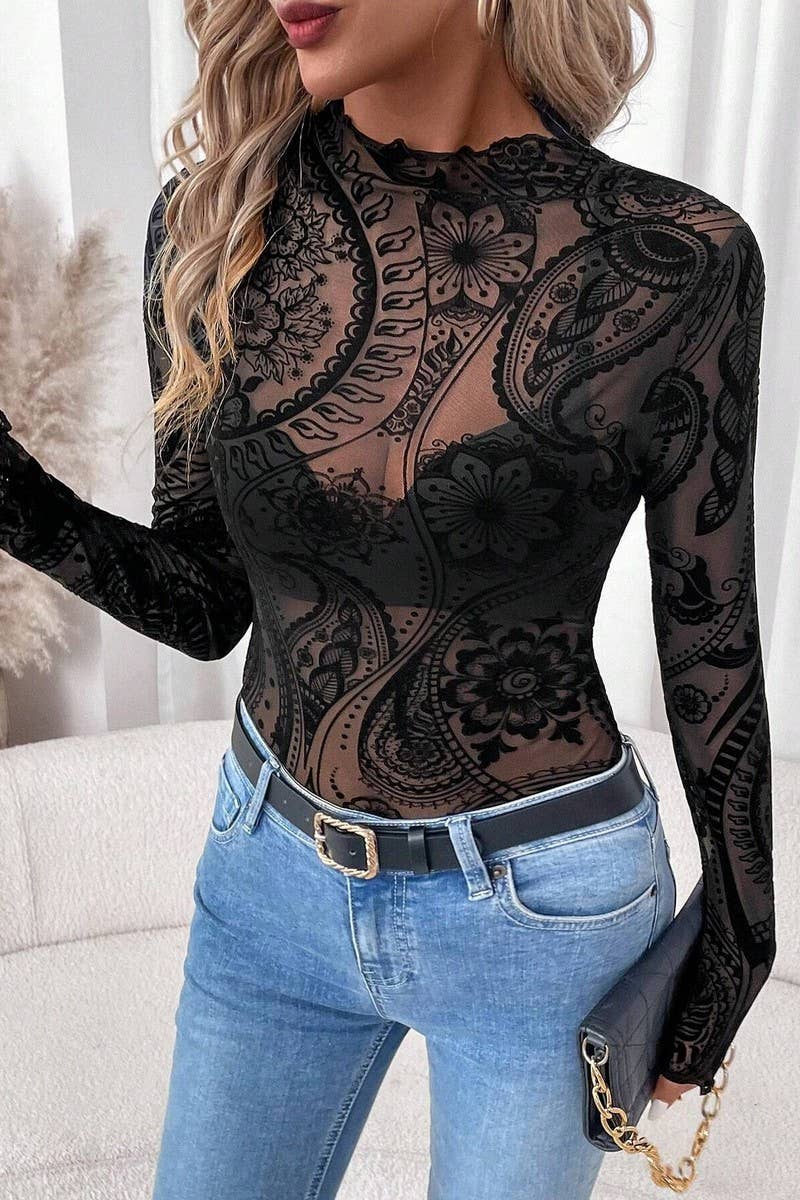 Ninexis Flocked Printed Mesh Ruffled Long Sleeve Top - Black - CWTBLL3927-BLACK-S
