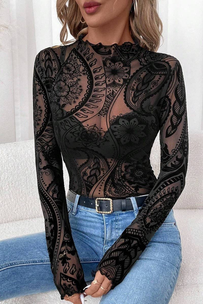 Ninexis Flocked Printed Mesh Ruffled Long Sleeve Top - Black - CWTBLL3927-BLACK-S