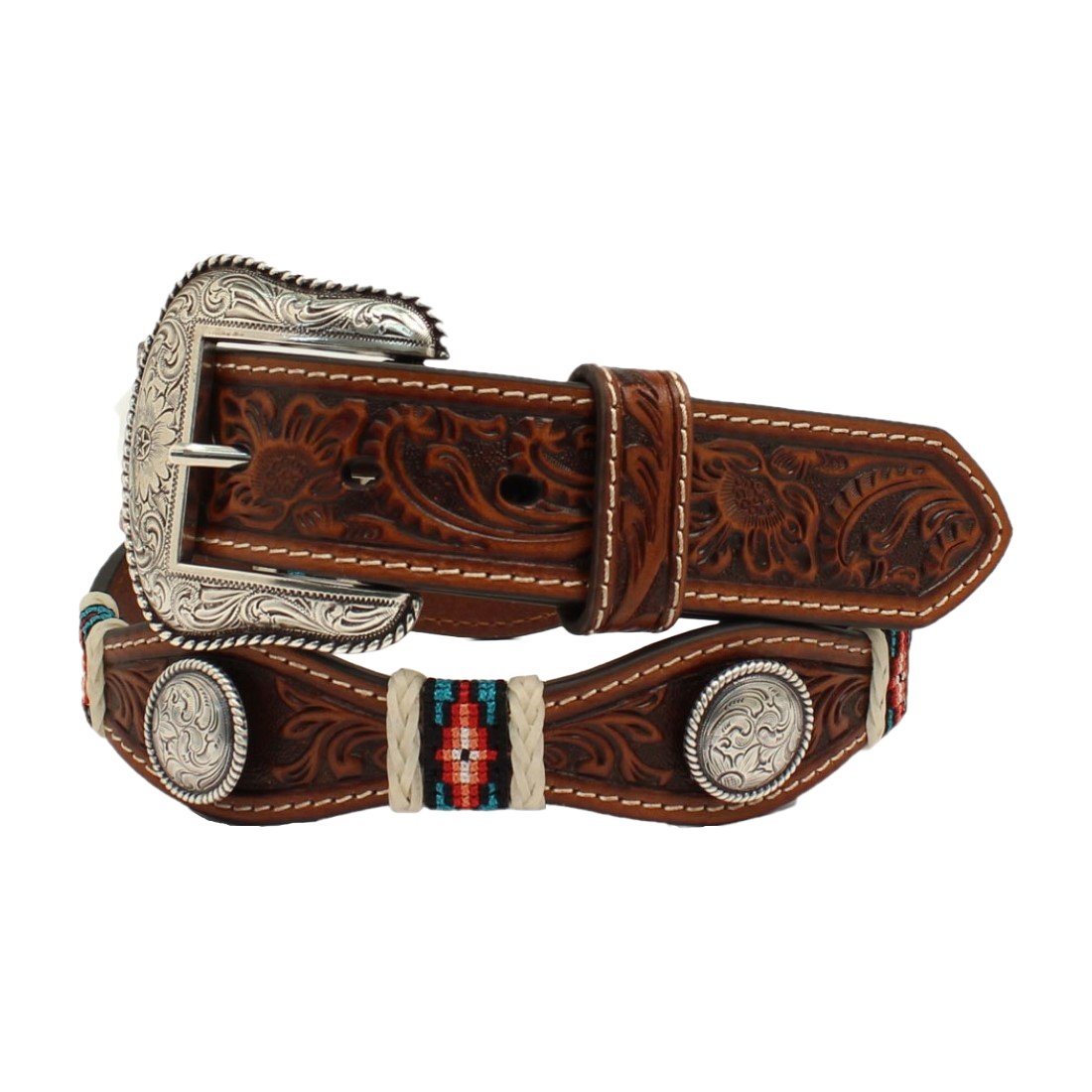 Nocona Men's Tan Floral Embossed Round Concho Western Belt - N210003708 - 32