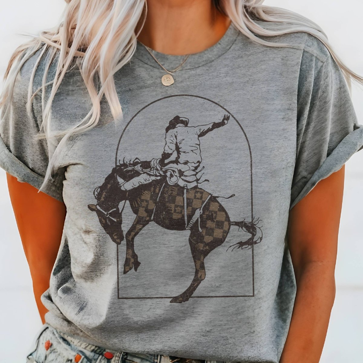 Par.tees Western Bronco Checkered Horse Cowboy Ranch Graphic Tee - Heather Gray - BRONCOHG-S