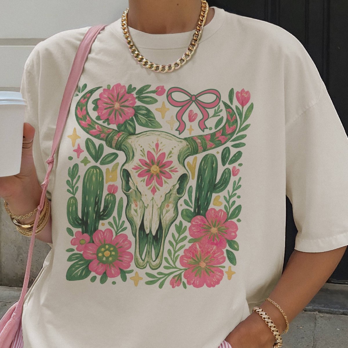 Par.tees Western Cow Skull Preppy Boho Floral Pink Green Graphic Tee - White - COWSKULLWHT-S