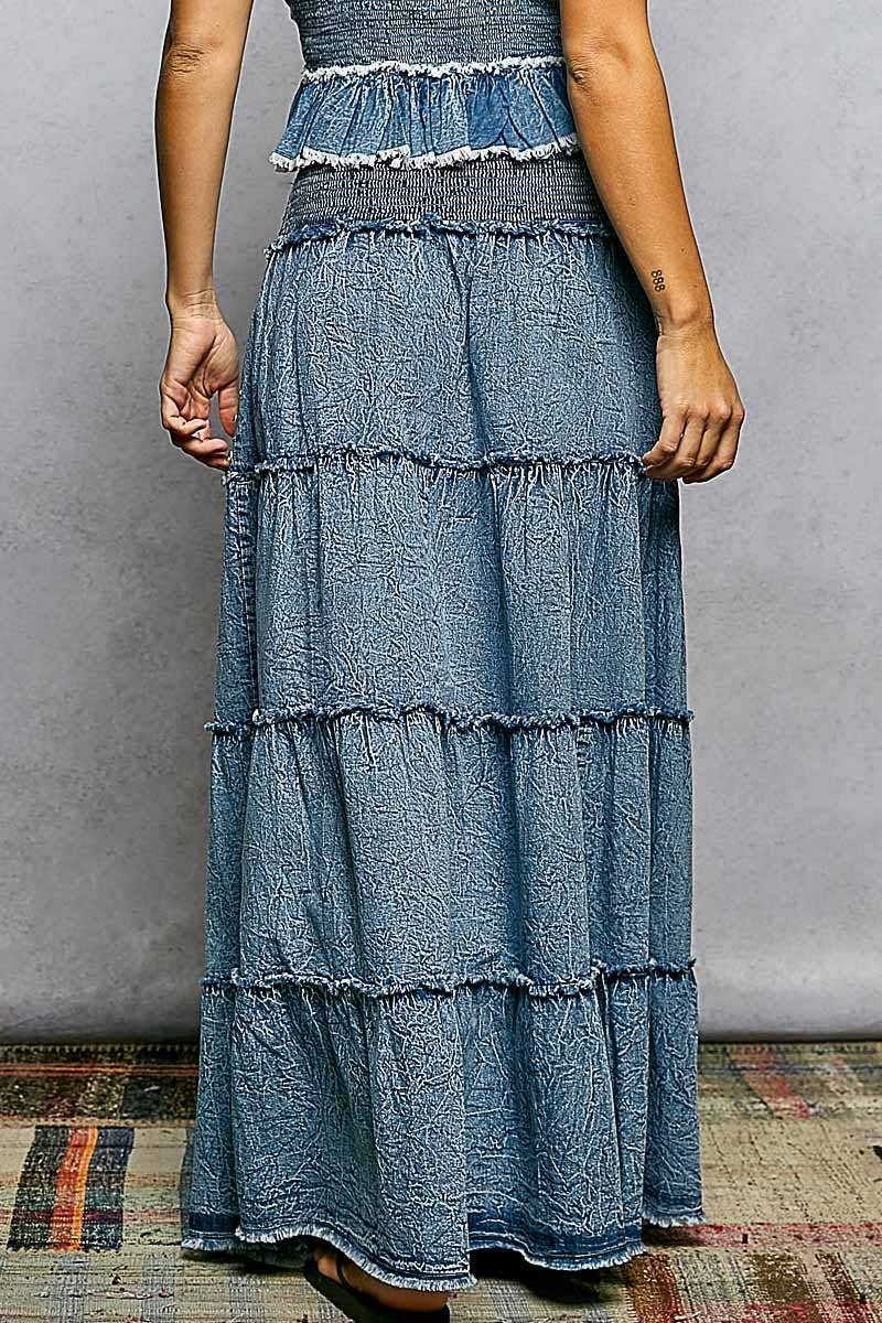 Pol Embroidery Bead Tassel Tiered Denim Maxi Skirt - Denim - SMQD23-S