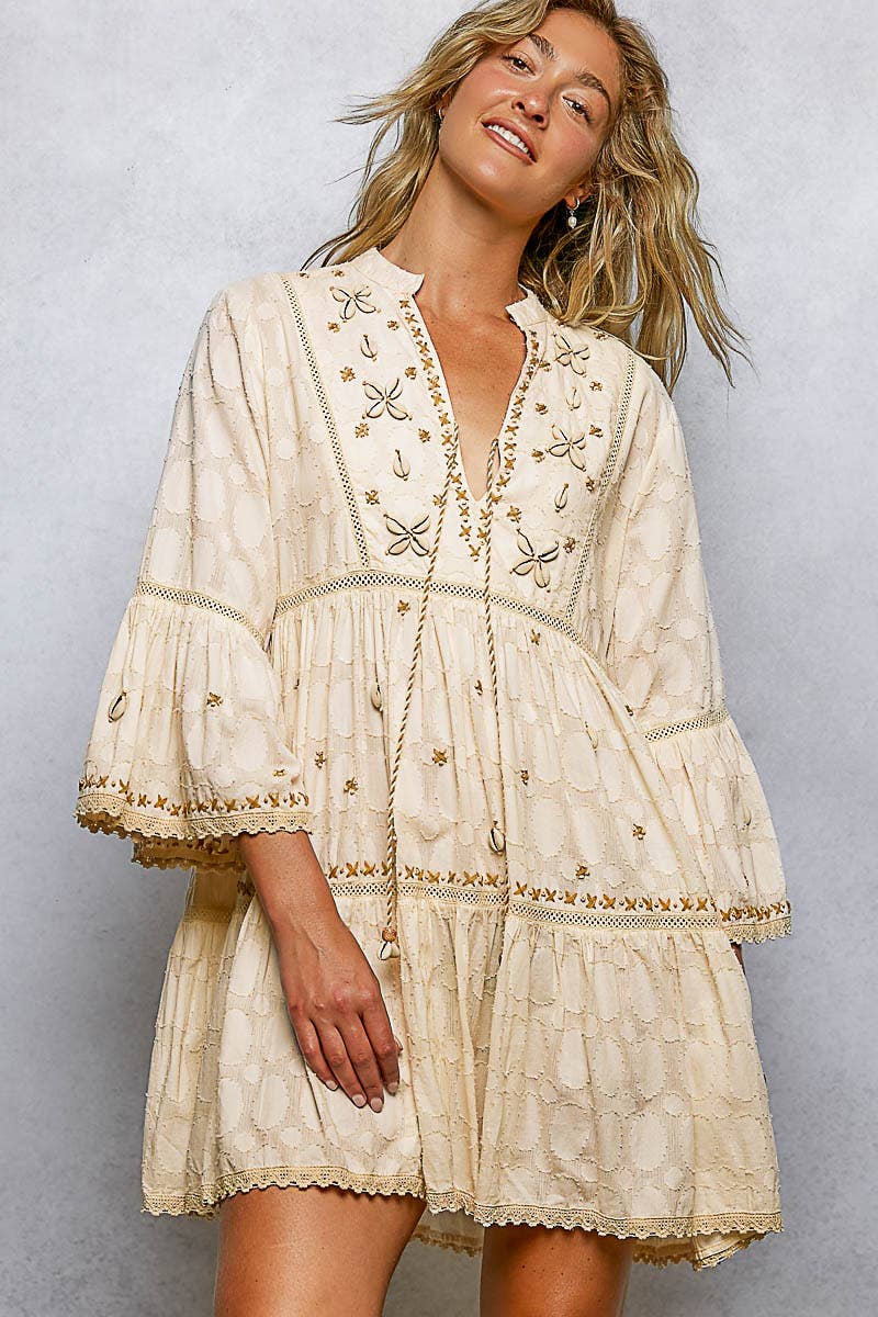 Pol Stitch Bead Detail Trim V - Neck Woven Roomy Fit Dress - Natural Multi - SMQF20-S