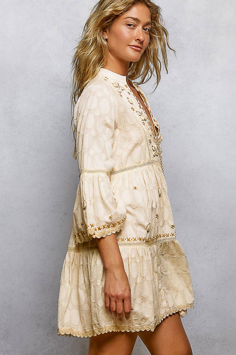 Pol Stitch Bead Detail Trim V - Neck Woven Roomy Fit Dress - Natural Multi - SMQF20-S