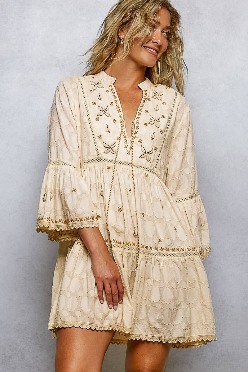 Pol Stitch Bead Detail Trim V - Neck Woven Roomy Fit Dress - Natural Multi - SMQF20-S
