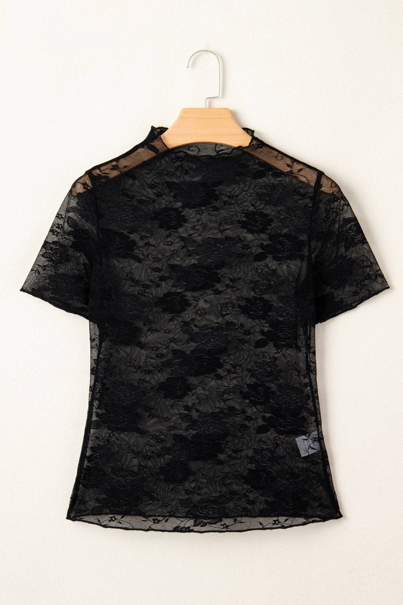 Pretty Bash Floral Lace Mesh Short Sleeve Sheer Top - Black - PB25136348-P2-S