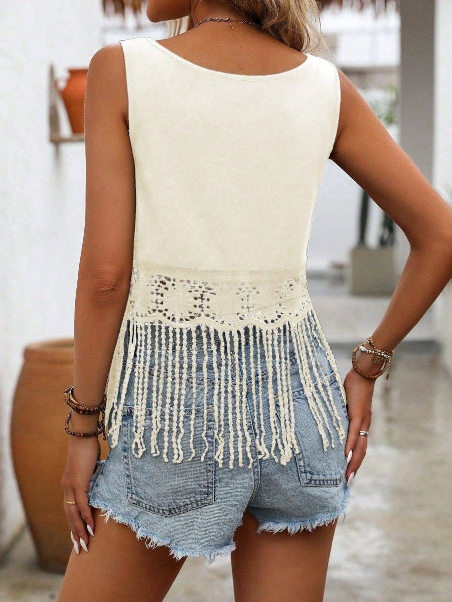 Rosa Clothing Crochet Boho Beach Lace Fringe Tank Top - Apricot - RCJW07856-Apricot-S