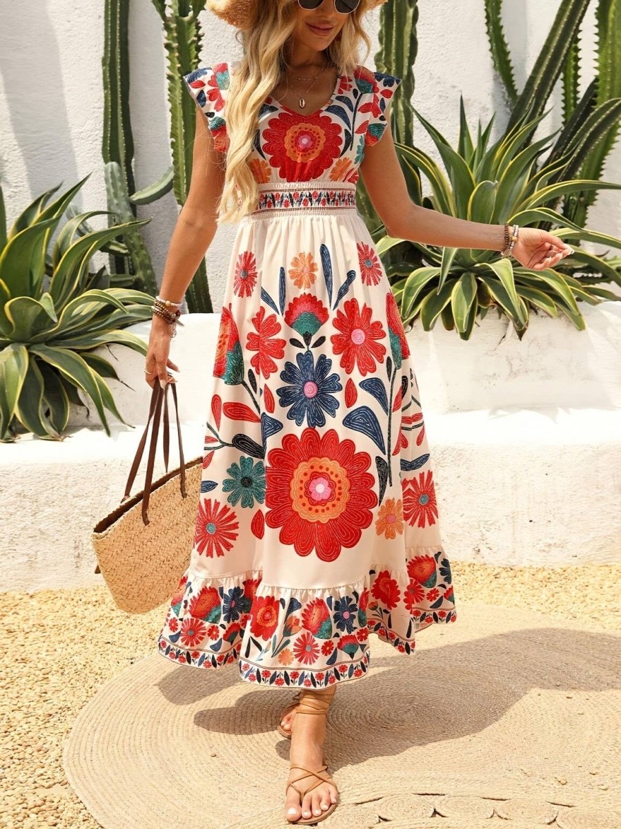 Rosa Clothing Bohemian V-Neck Ruffled Floral Flowy Vacation Dress - Floral - RCJW08202-Floral-S