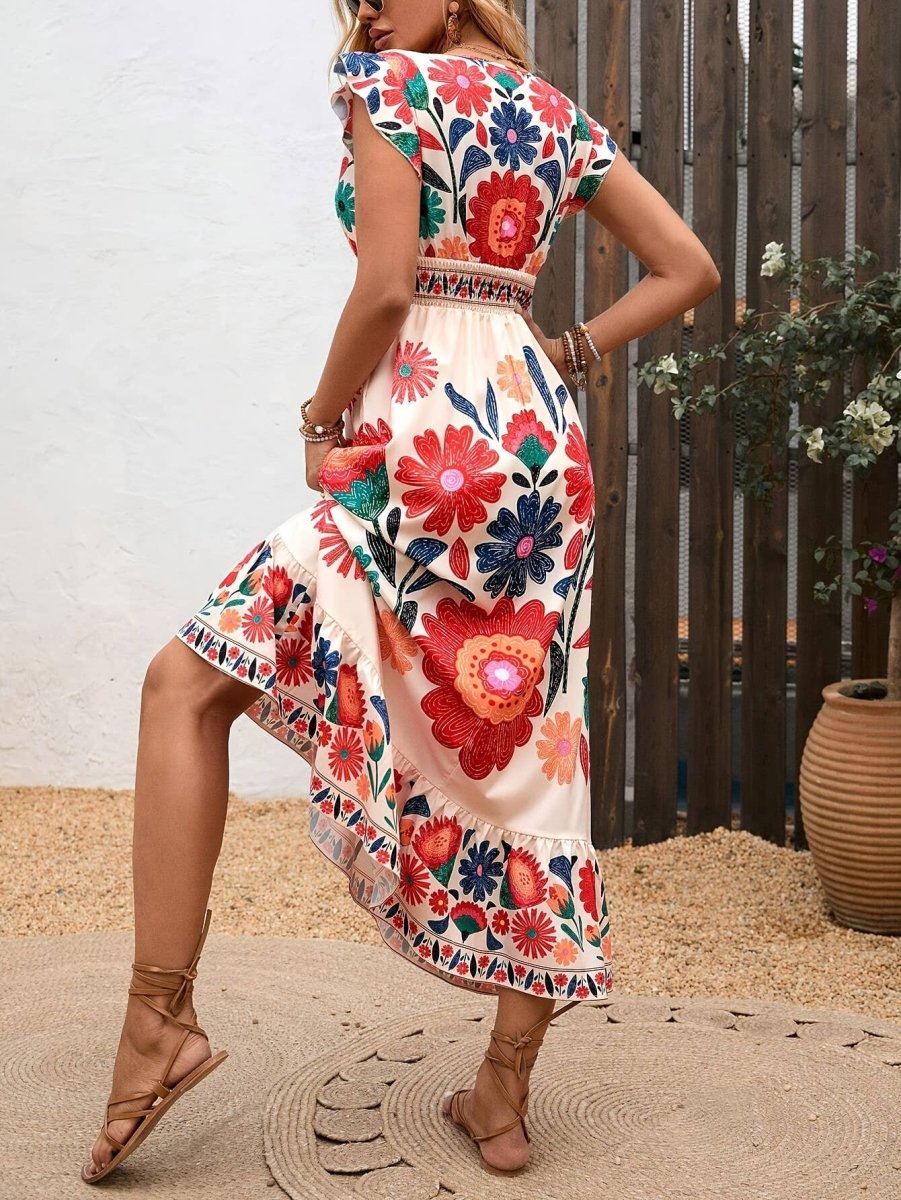 Rosa Clothing Bohemian V-Neck Ruffled Floral Flowy Vacation Dress - Floral - RCJW08202-Floral-S