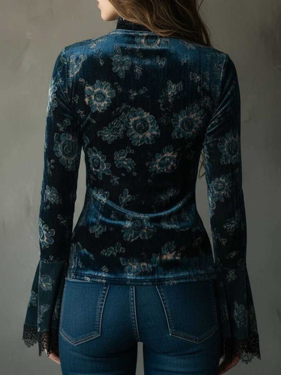 Rosa Clothing Floral Lace Trim Long Sleeve Blouse - Navy - RCZY02452-Navy-S