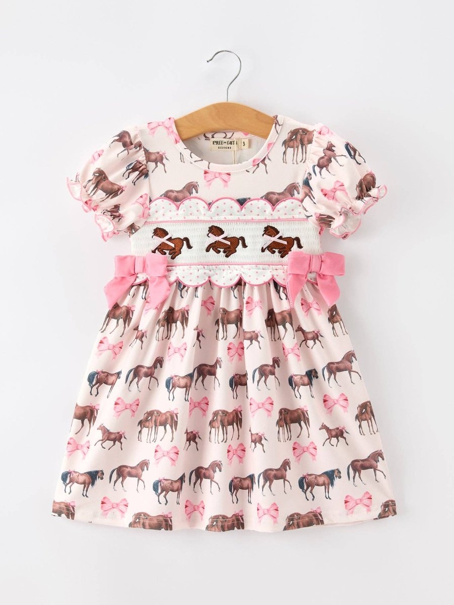 Rylee Faith Designs Western Horse Smocked Girls Dress Bow Ruffle Short Sleeve - DRG61343-2Y