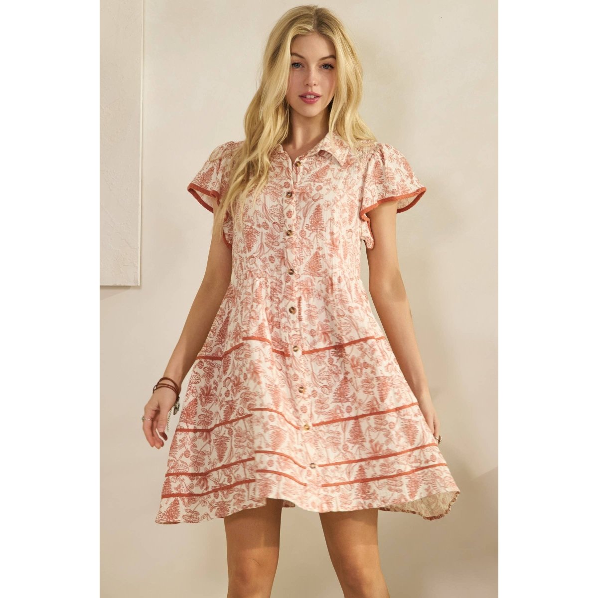 Sage + Fig Vintage Inspired Floral Shirt Dress - Antique Brass - SD7685-S