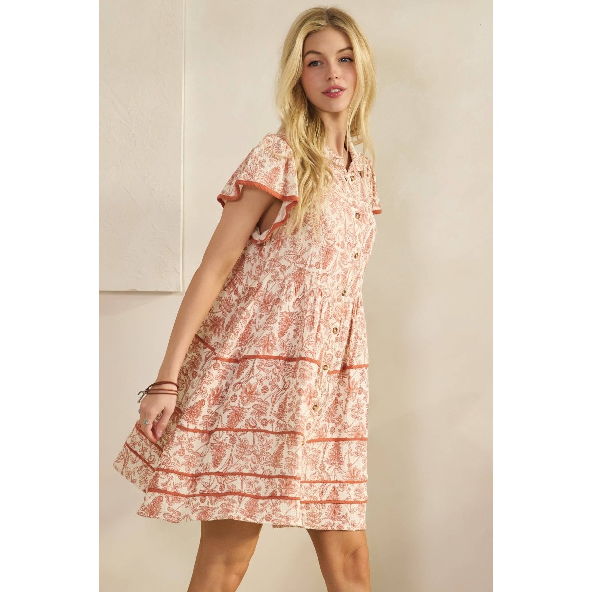 Sage + Fig Vintage Inspired Floral Shirt Dress - Antique Brass - SD7685-S
