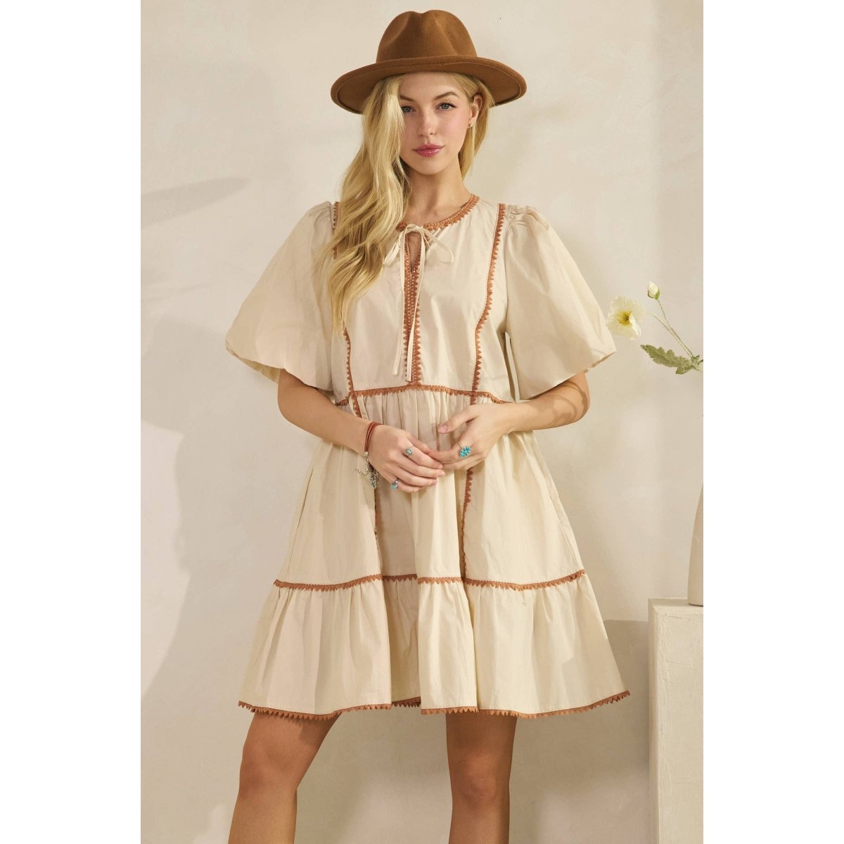 Sage + Fig Rustin Tiered Prairie Mini Dress - Beige - SD7694-S