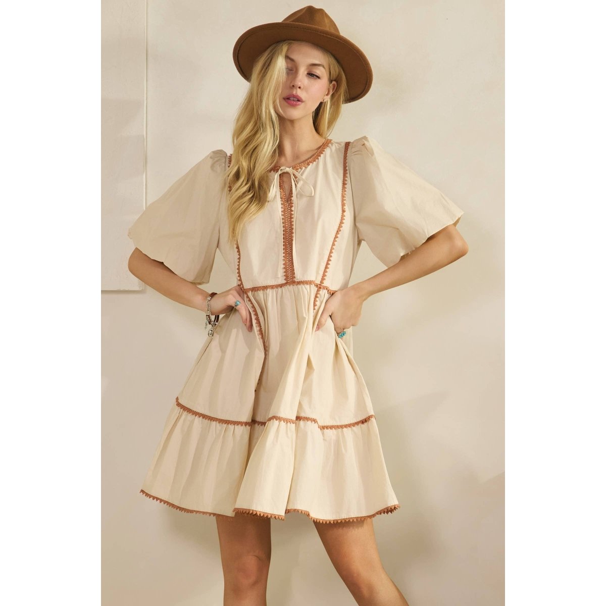 Sage + Fig Rustin Tiered Prairie Mini Dress - Beige - SD7694-S
