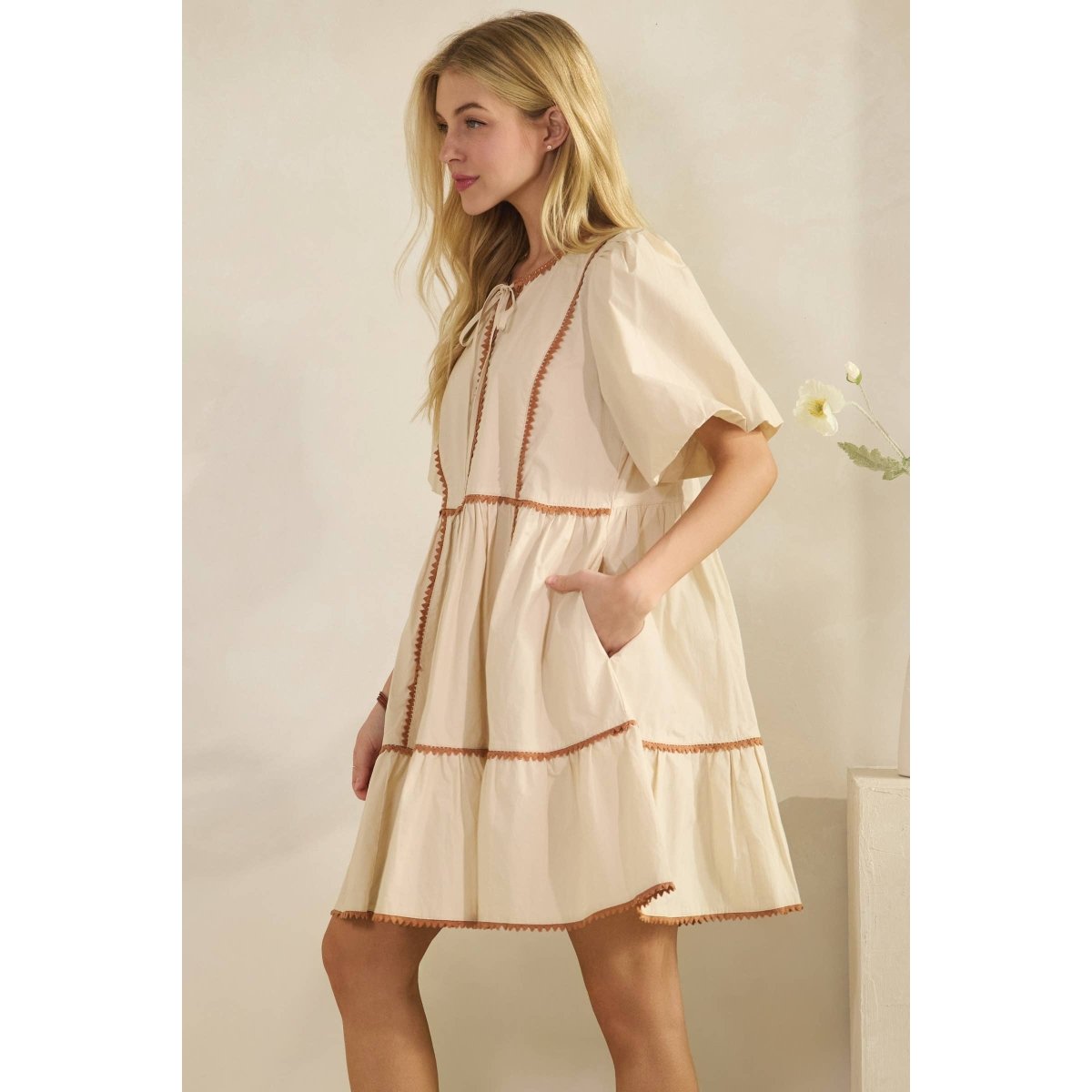 Sage + Fig Rustin Tiered Prairie Mini Dress - Beige - SD7694-S