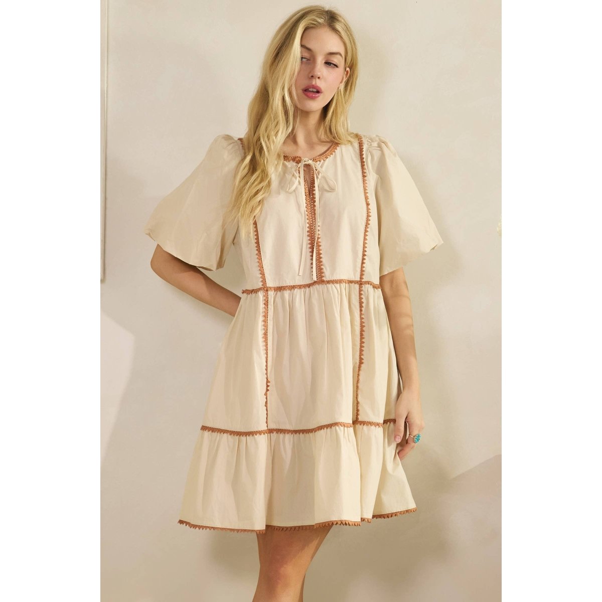 Sage + Fig Rustin Tiered Prairie Mini Dress - Beige - SD7694-S