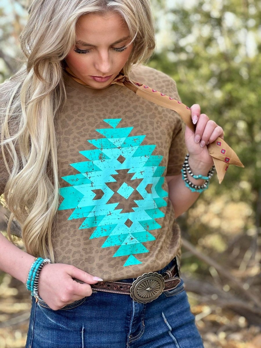 Texas True Threads Brown Leopard Aztec Tee - Brown Leopard - 6901-BROWNLEOPARD-S
