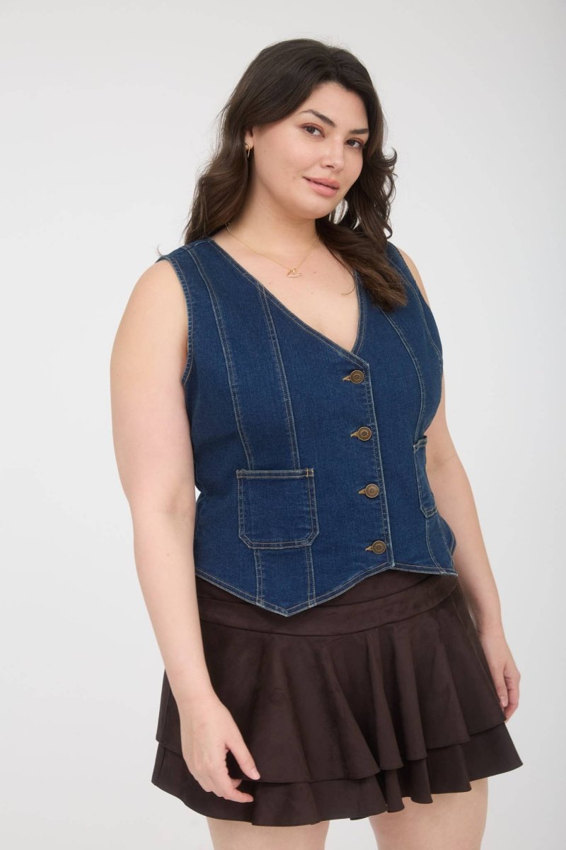 The Workshop Plus V Neck Sleeveless Button Down Denim Vest - Denim - PTW2087-DARKDENIM-XL