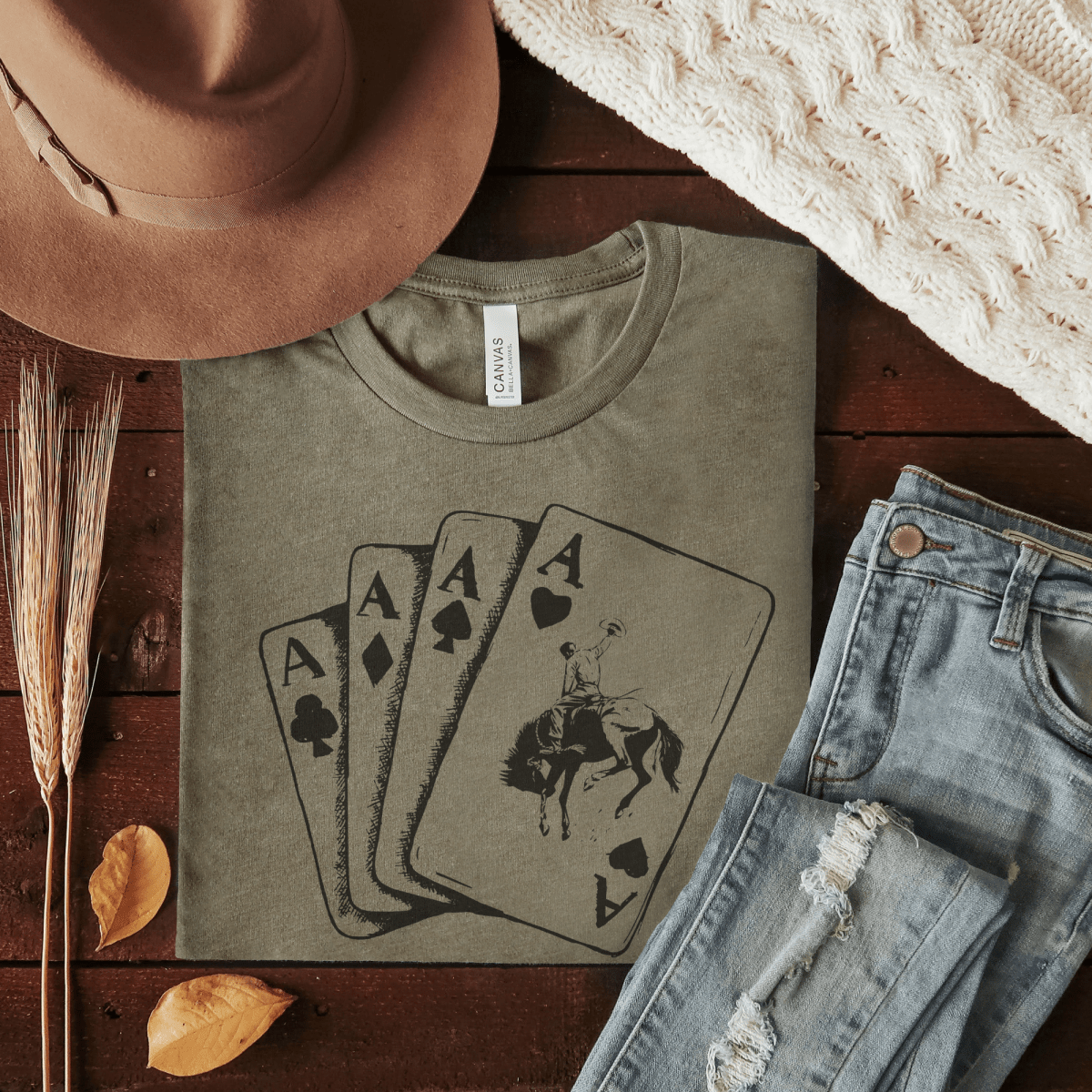 Trendznmore Women's Aces Wild Western Cowboy Graphic Tee - Olive - ACESOLIVE-M