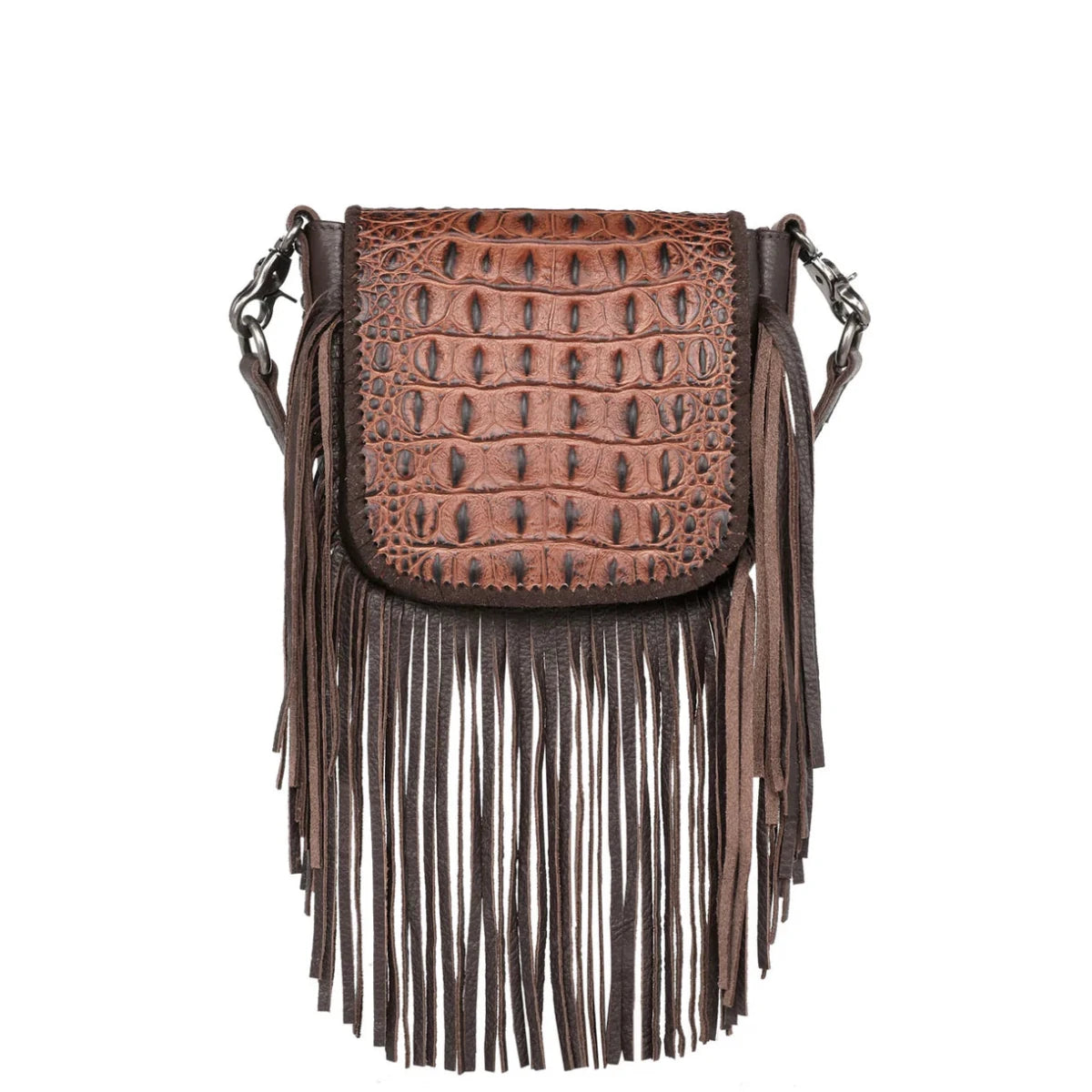 Montana West Genuine Leather Tooled Collection Fringe Crossbody - Coffee - RLC-L173CF